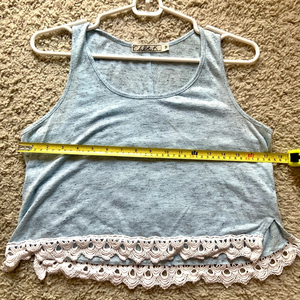 Baby blue tank top with embroidered lace trim